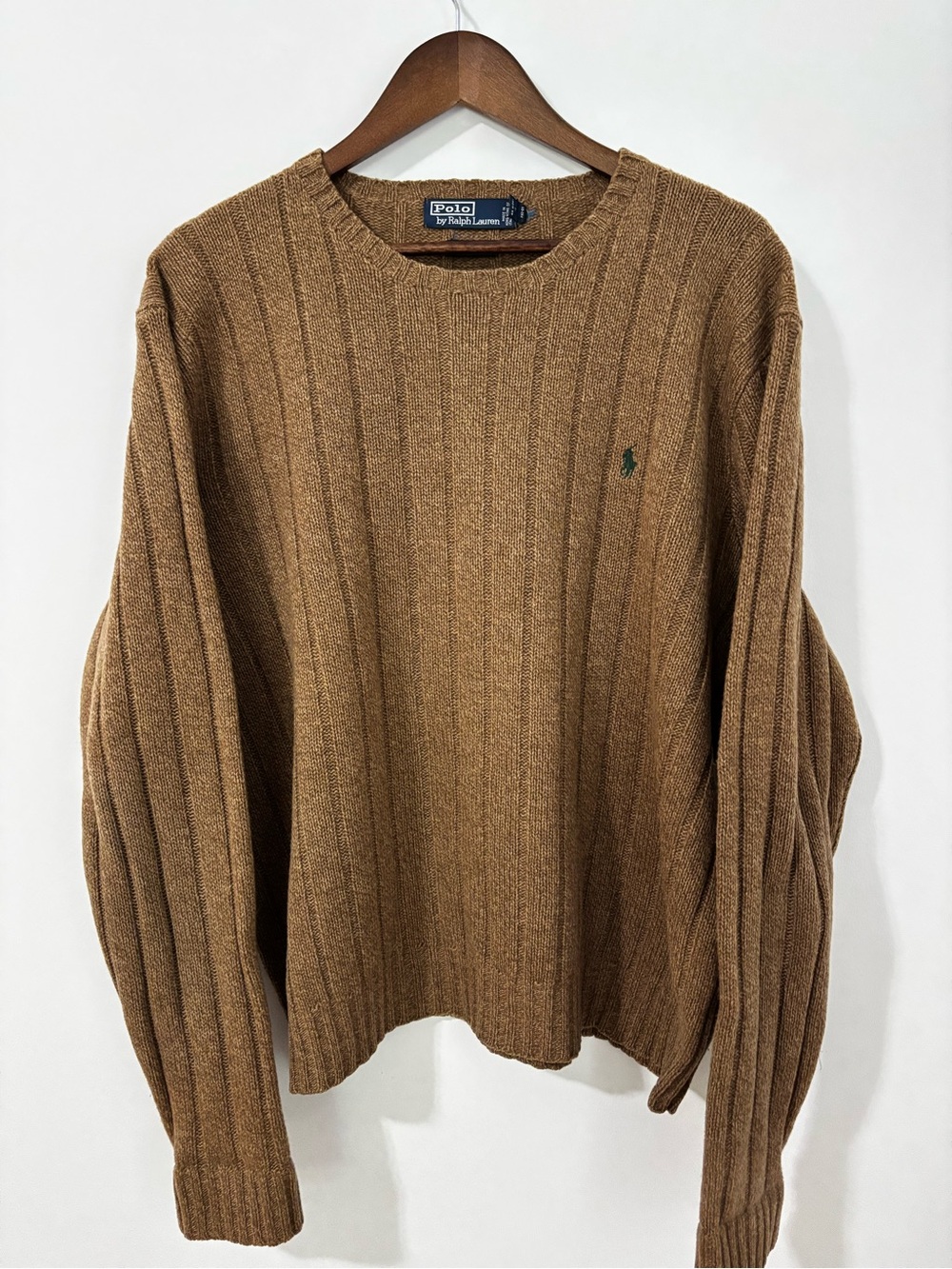 Polo Ralph Lauren XL 100% Lambswool Ribbed Crewneck Sweater Brown Camel
